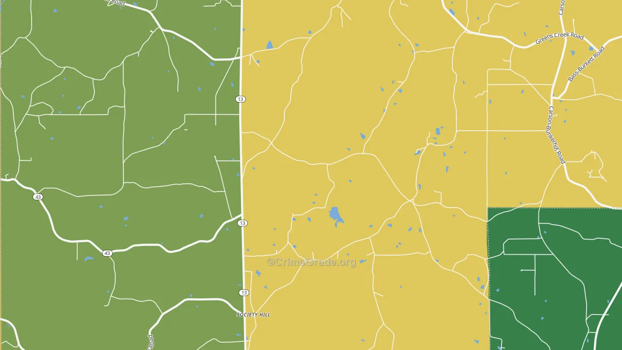 Society Hill, MS Map of Burglary Rates