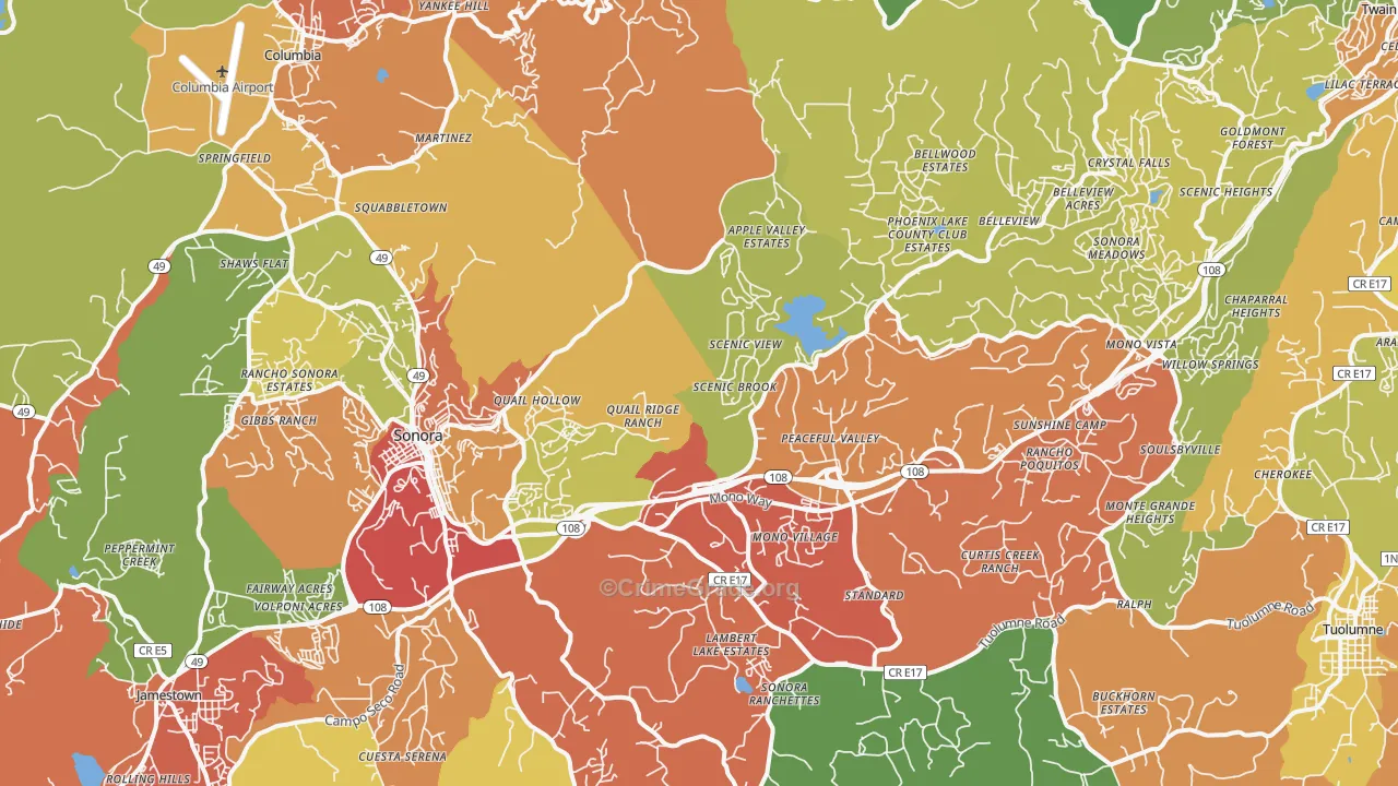 Sonora, CA Map of Burglary Rates