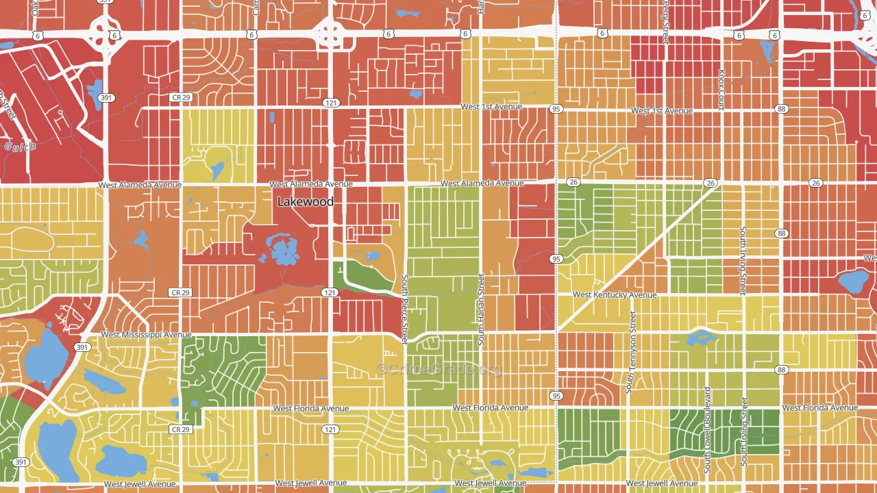 South Alameda, Lakewood, CO Map of Burglary Rates