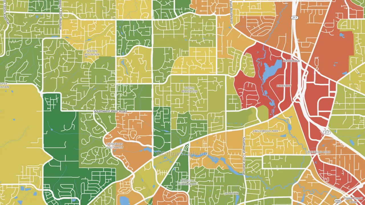 South Beaverton, Beaverton, OR Map of Burglary Rates