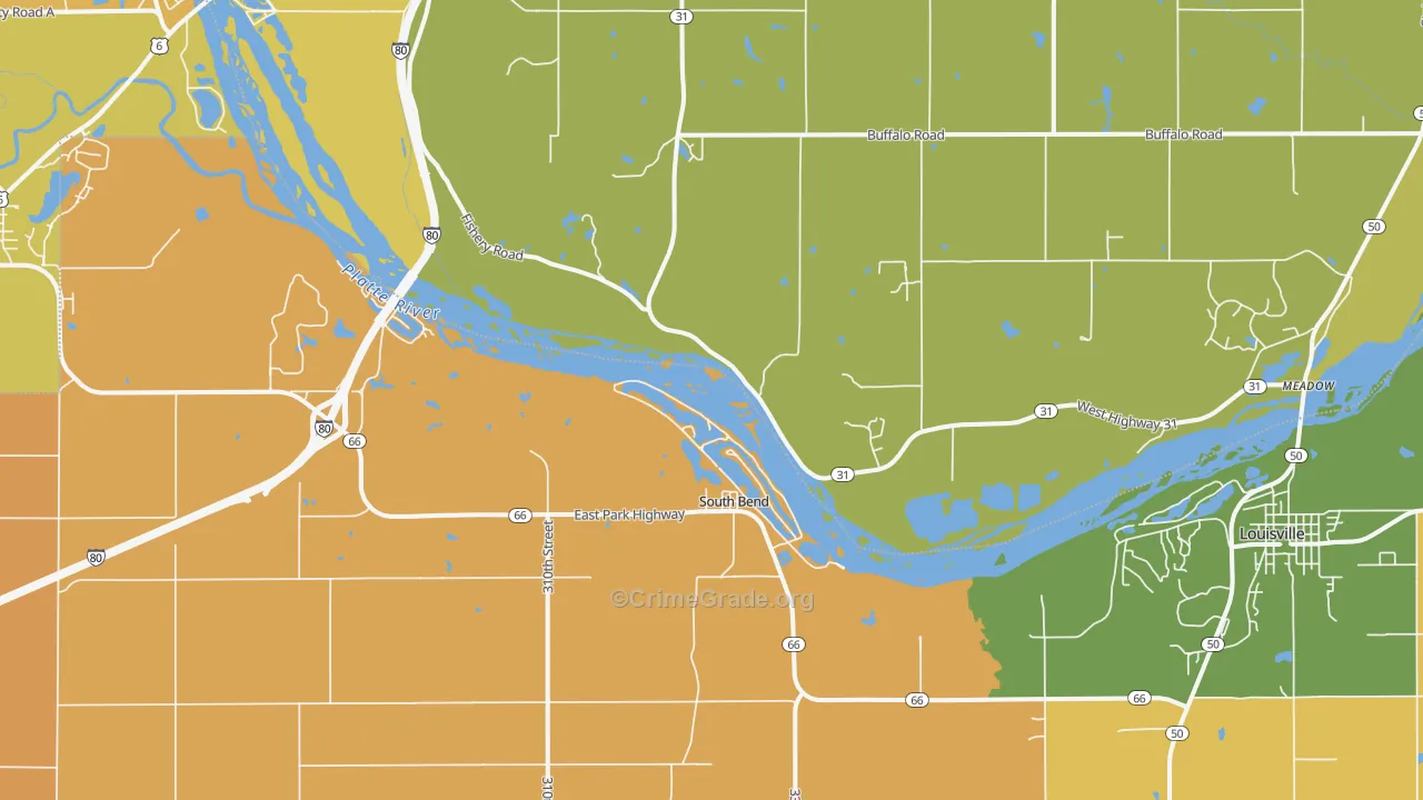 South Bend, NE Map of Burglary Rates