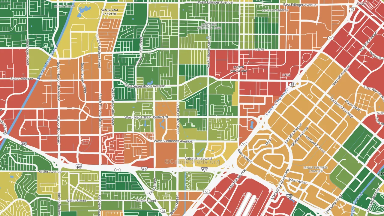 South Coast, Santa Ana, CA Map of Burglary Rates