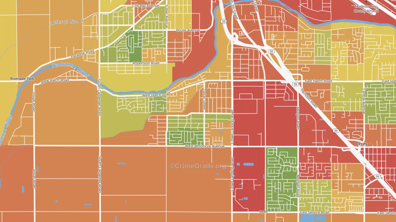 South Modesto Acres, Modesto, CA Map of Burglary Rates