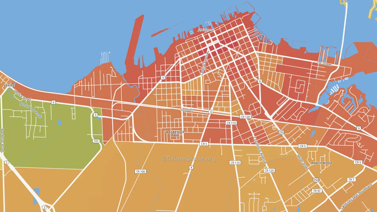South Side, Sandusky, OH Map of Burglary Rates