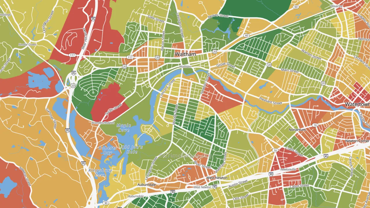 South Side, Waltham, MA Map of Burglary Rates
