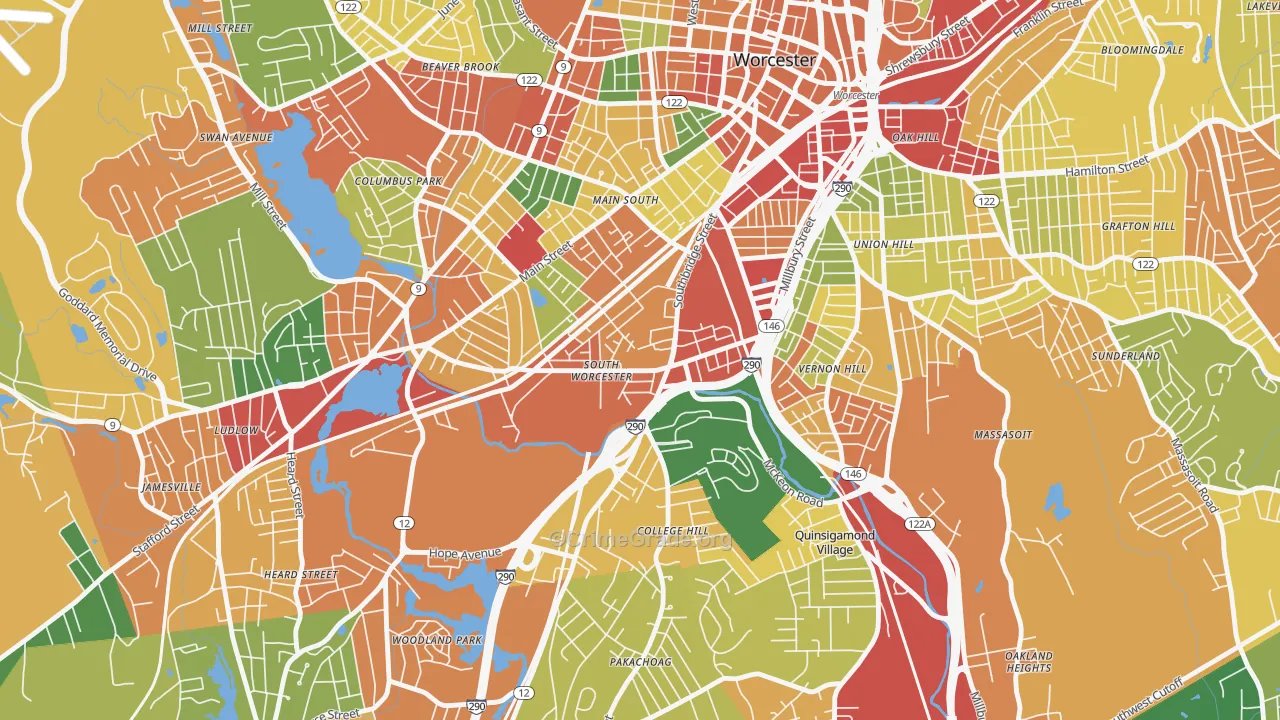 South Worcester, Worcester, MA Map of Burglary Rates