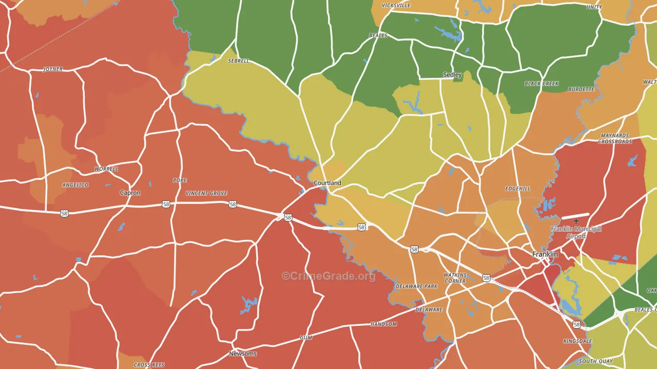 Southampton County, VA Map of Burglary Rates