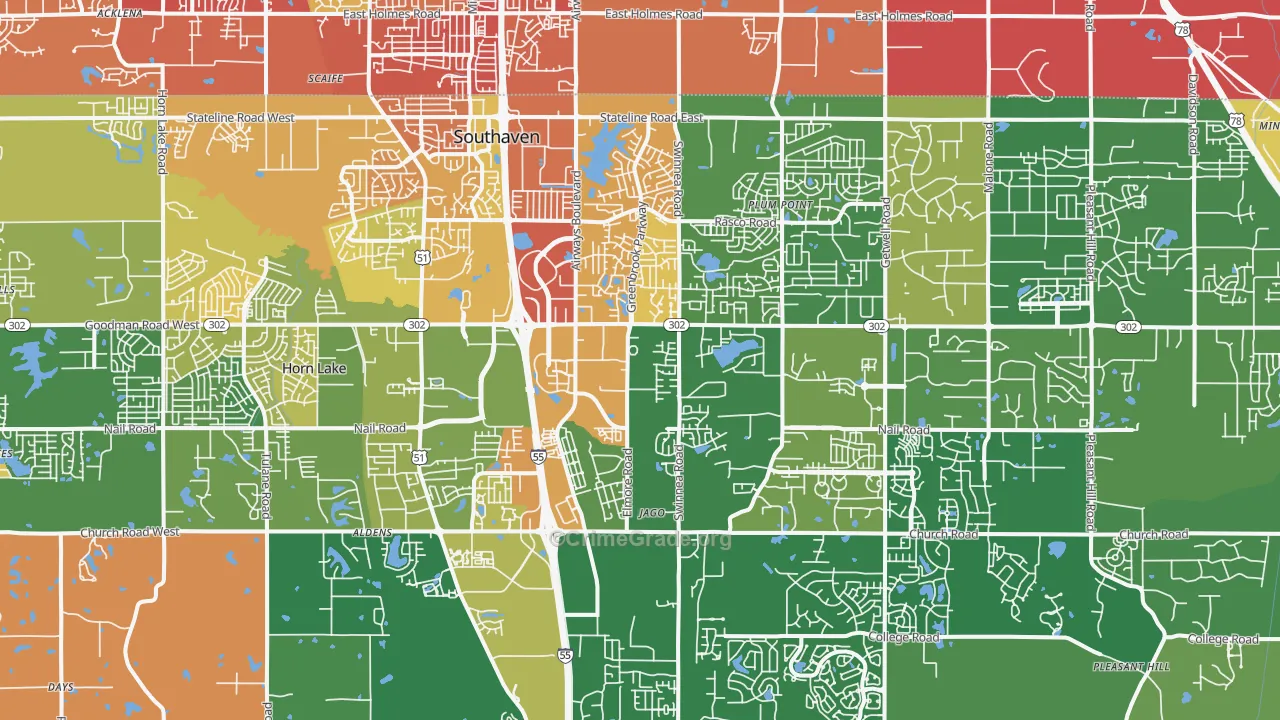Southaven, MS Map of Burglary Rates