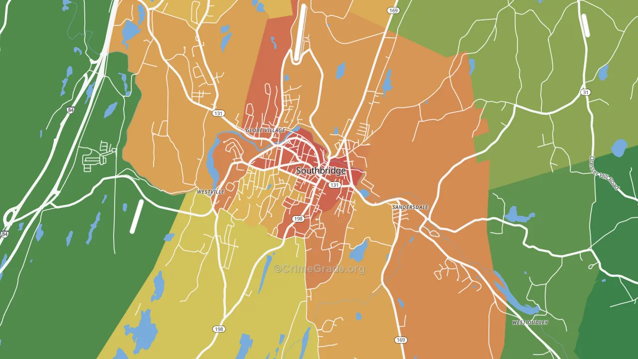 Southbridge Town, MA Map of Burglary Rates