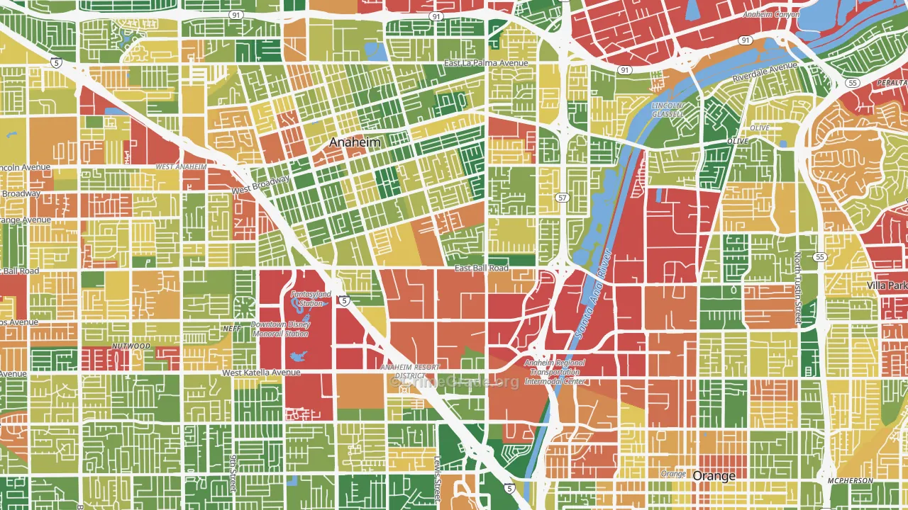 Southeast, Anaheim, CA Map of Burglary Rates