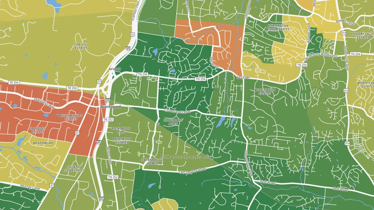 Southeast, Brentwood, TN Map of Burglary Rates