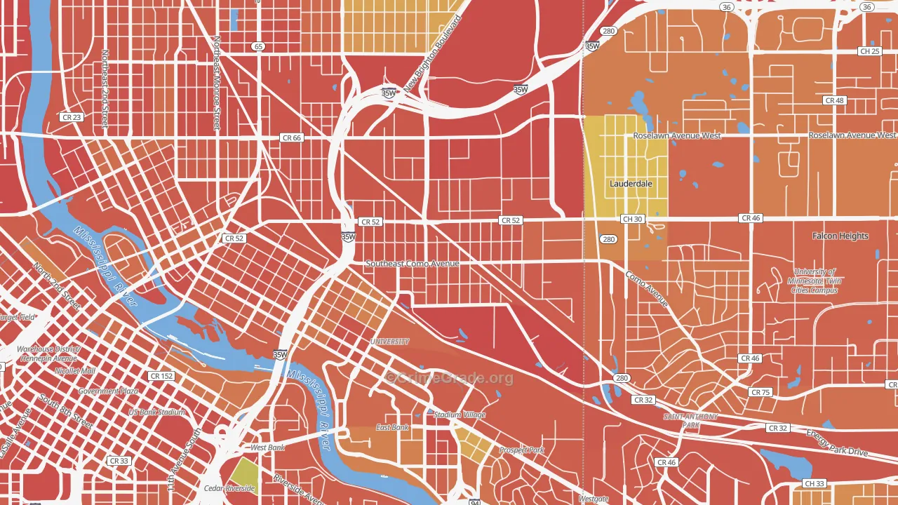 Southeast Como, Minneapolis, MN Map of Burglary Rates
