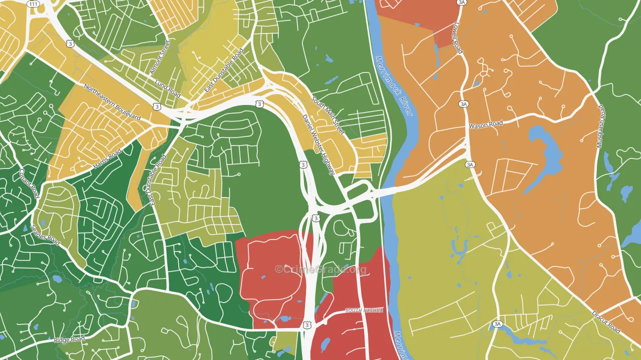 Southeast Nashua, Nashua, NH Map of Burglary Rates