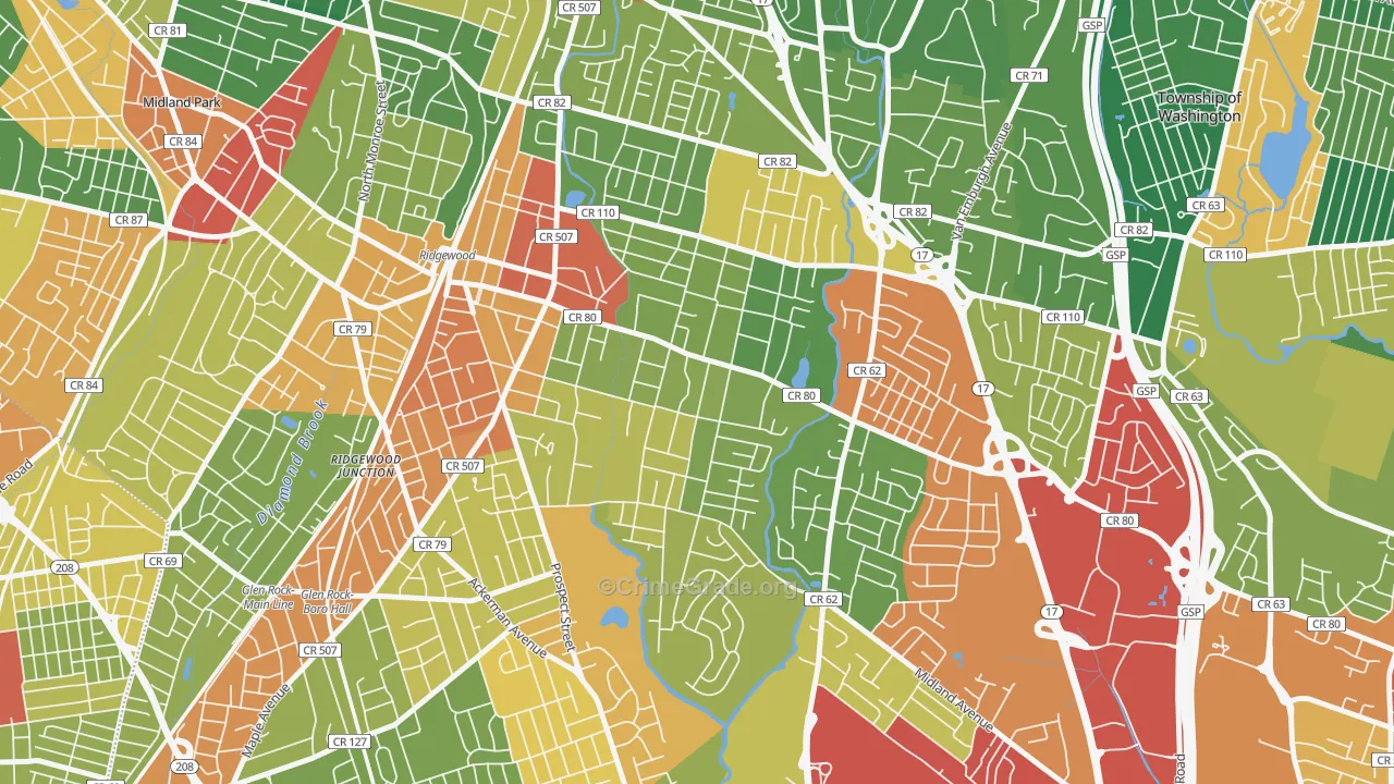 Southeast Ridgewood, Ridgewood, NJ Map of Burglary Rates