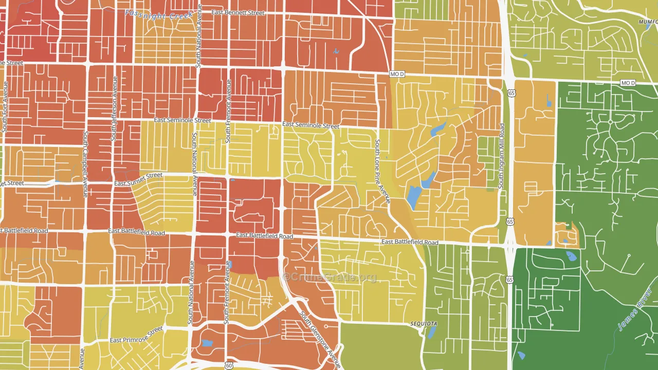 Southeast Springfield, Springfield, MO Map of Burglary Rates