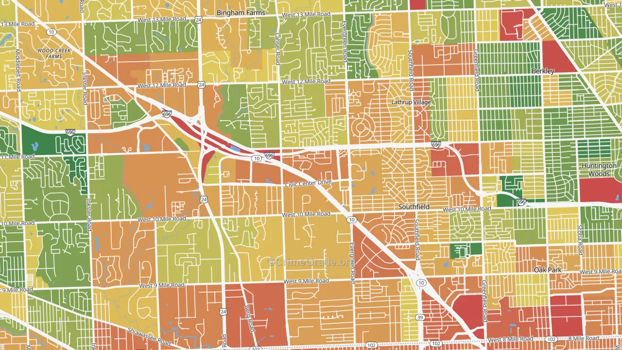 Southfield, MI Map of Burglary Rates
