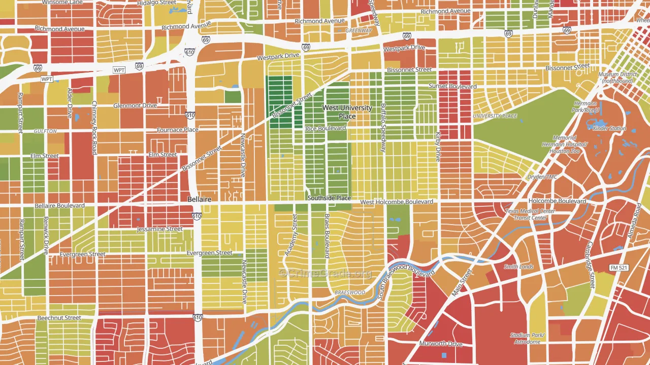 Southside Place, TX Map of Burglary Rates