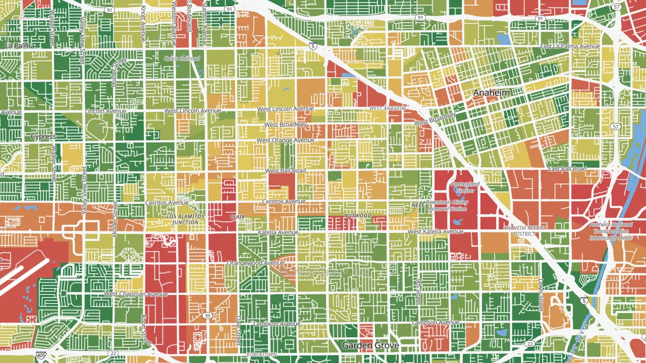 Southwest, Anaheim, CA Map of Burglary Rates