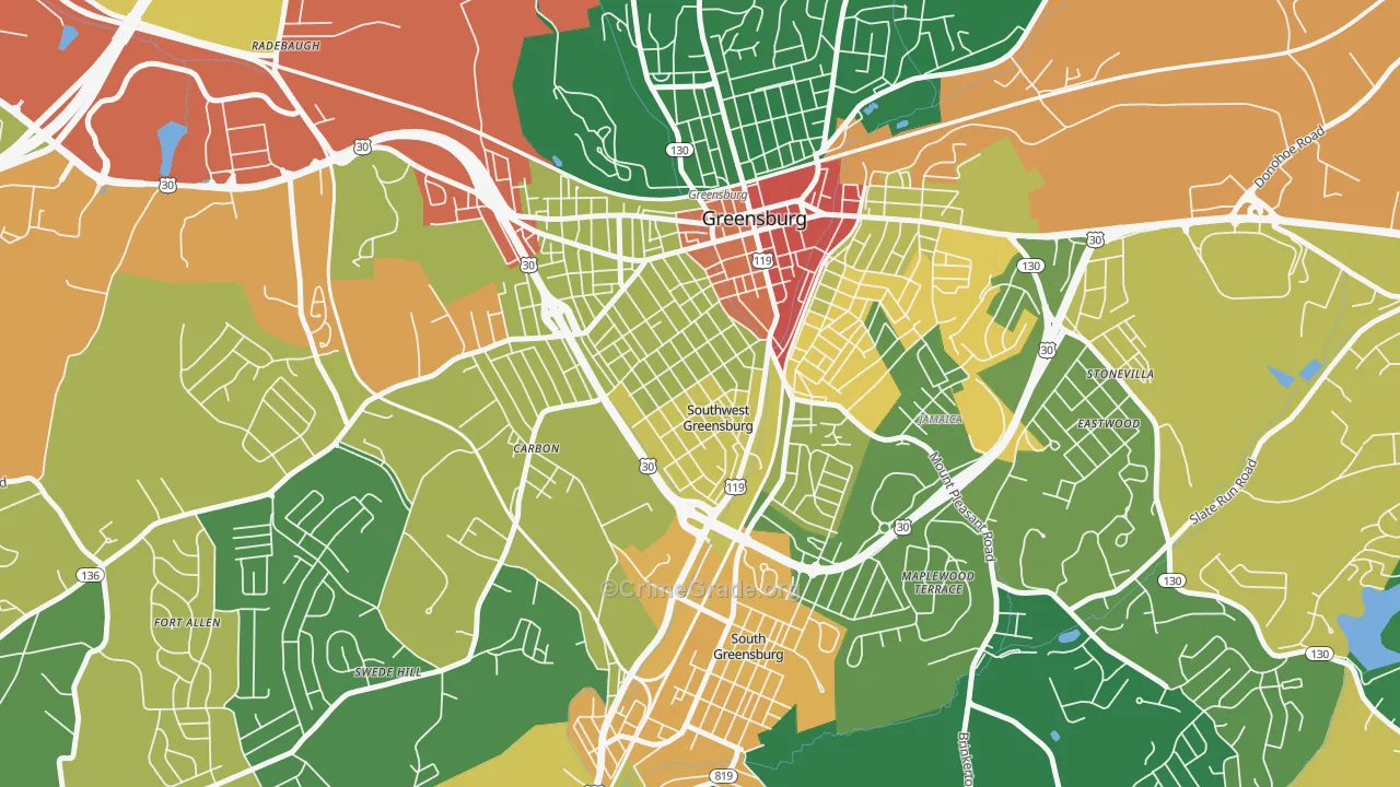Southwest Greensburg, PA Map of Burglary Rates