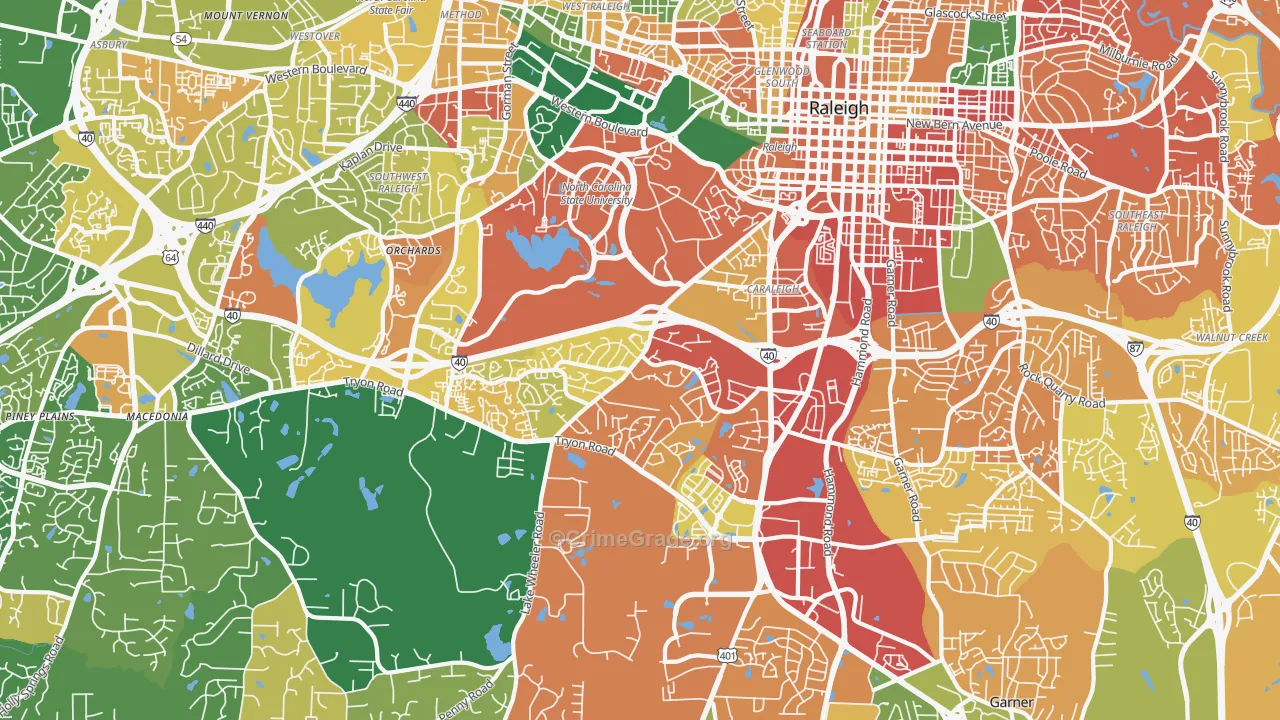 Southwest Raleigh, Raleigh, NC Map of Burglary Rates