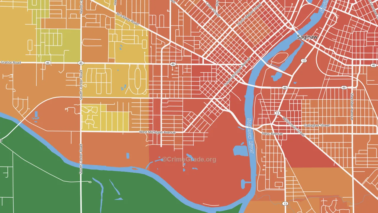 Southwest Saginaw, Saginaw, MI Map of Burglary Rates