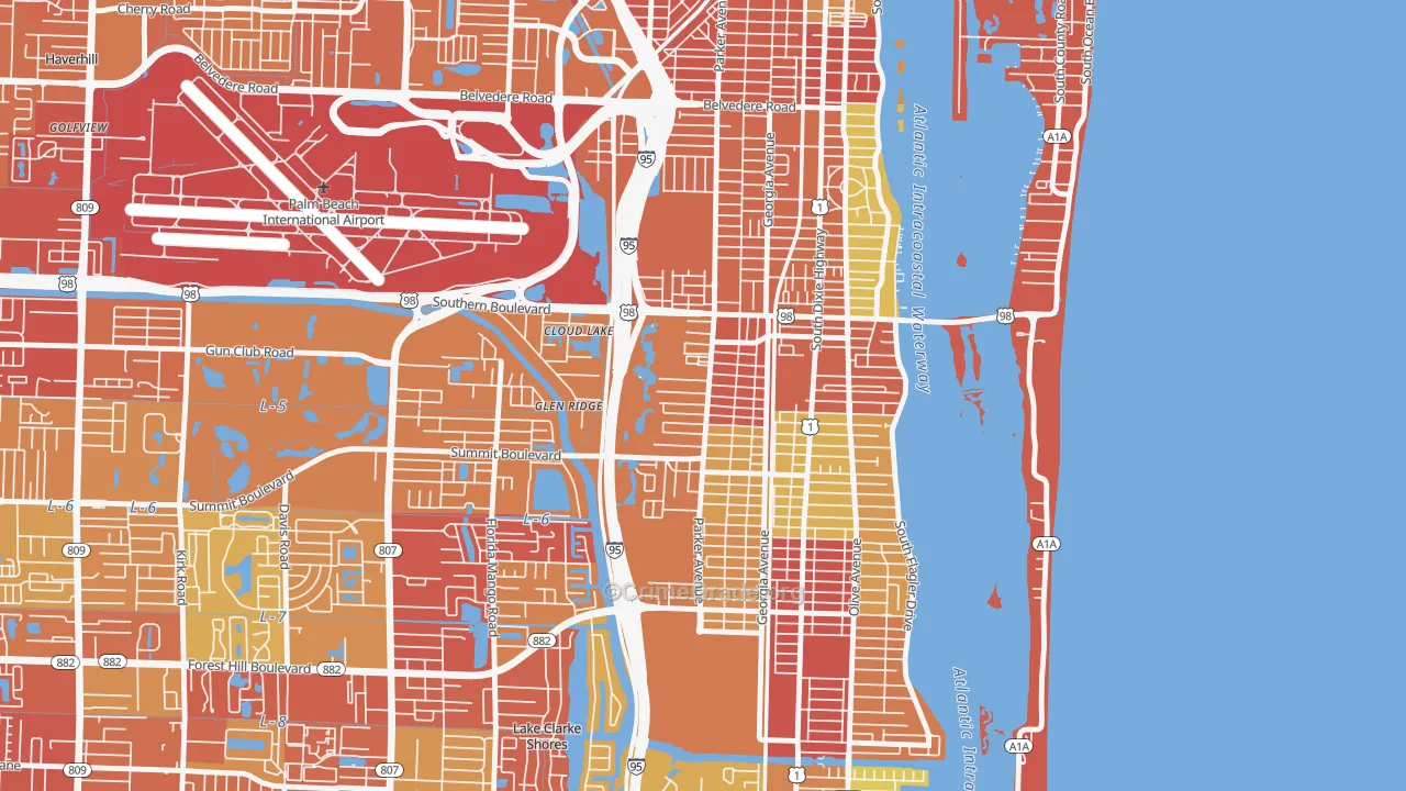 Southwest, West Palm Beach, FL Map of Burglary Rates