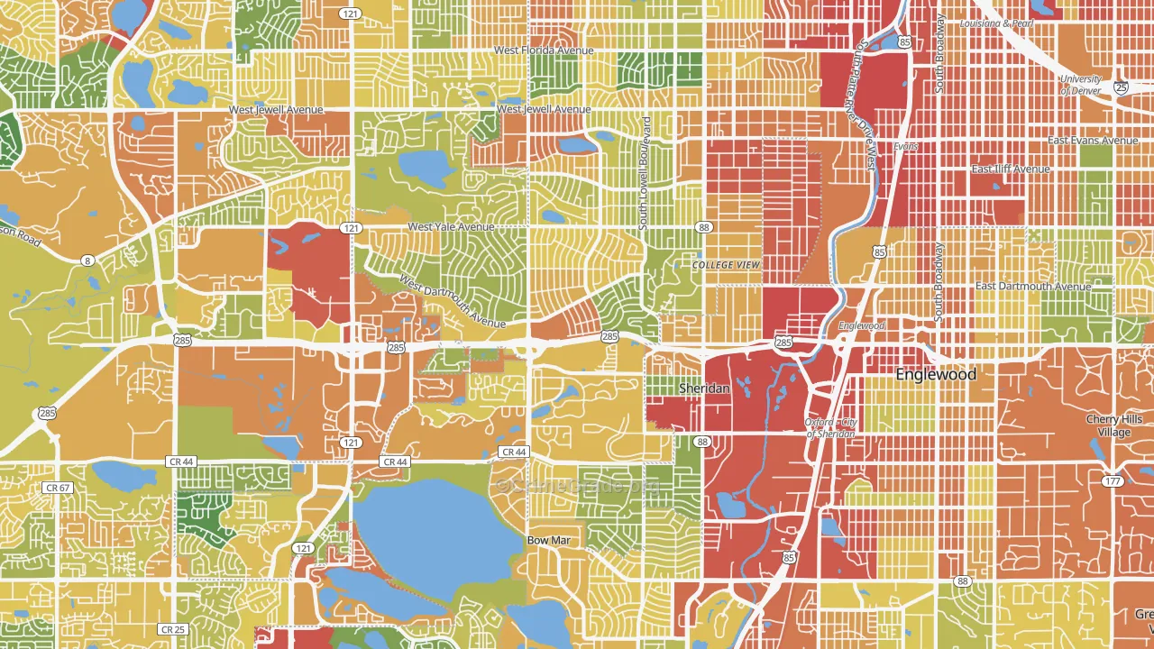 Southwestern Denver, Denver, CO Map of Burglary Rates