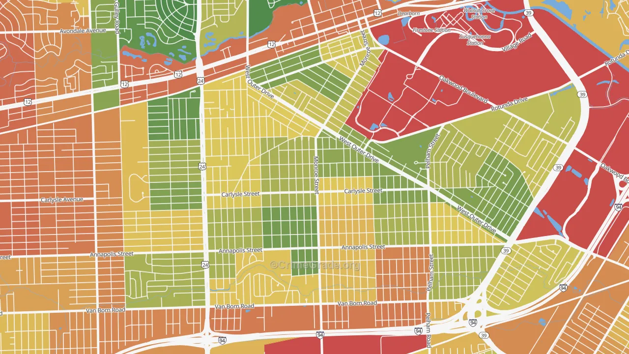 Southwestern Outer Drive, Dearborn, MI Map of Burglary Rates