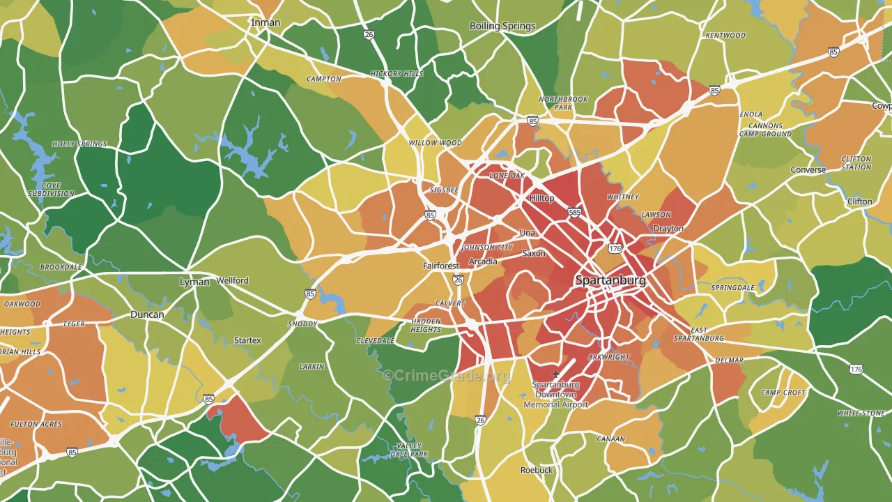 Spartanburg County, SC Map of Burglary Rates