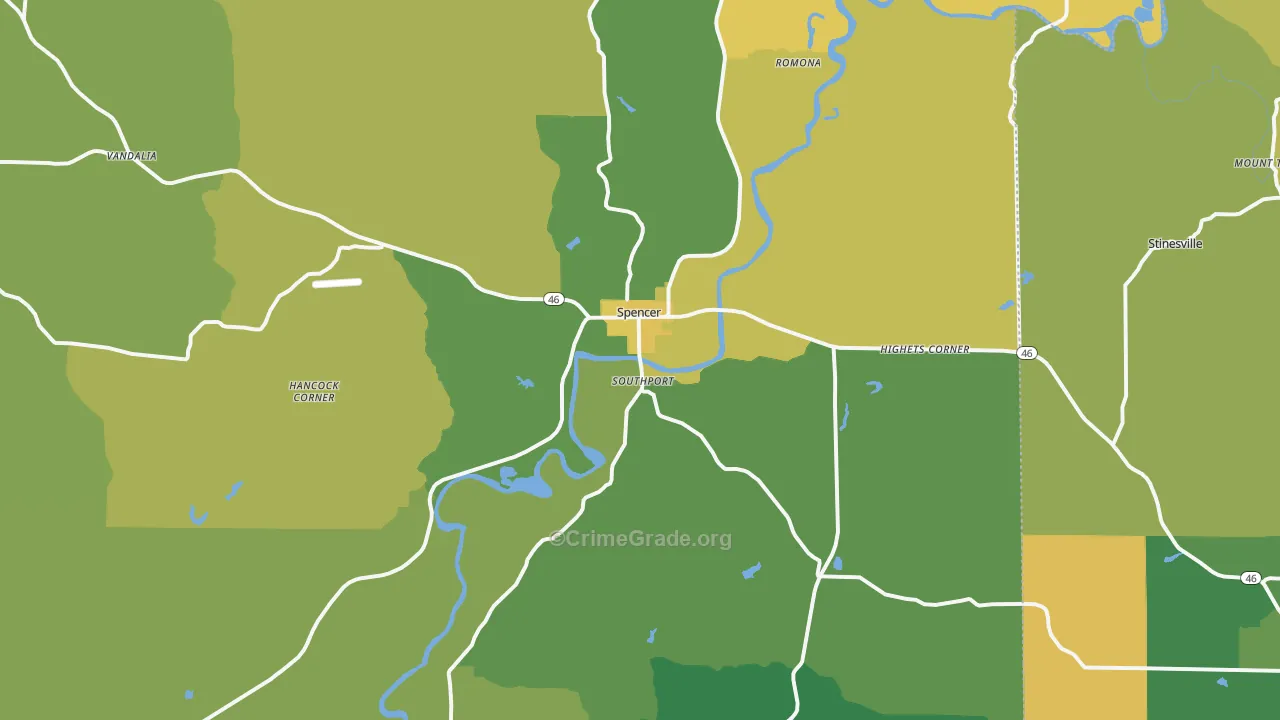 Spencer, IN Map of Burglary Rates