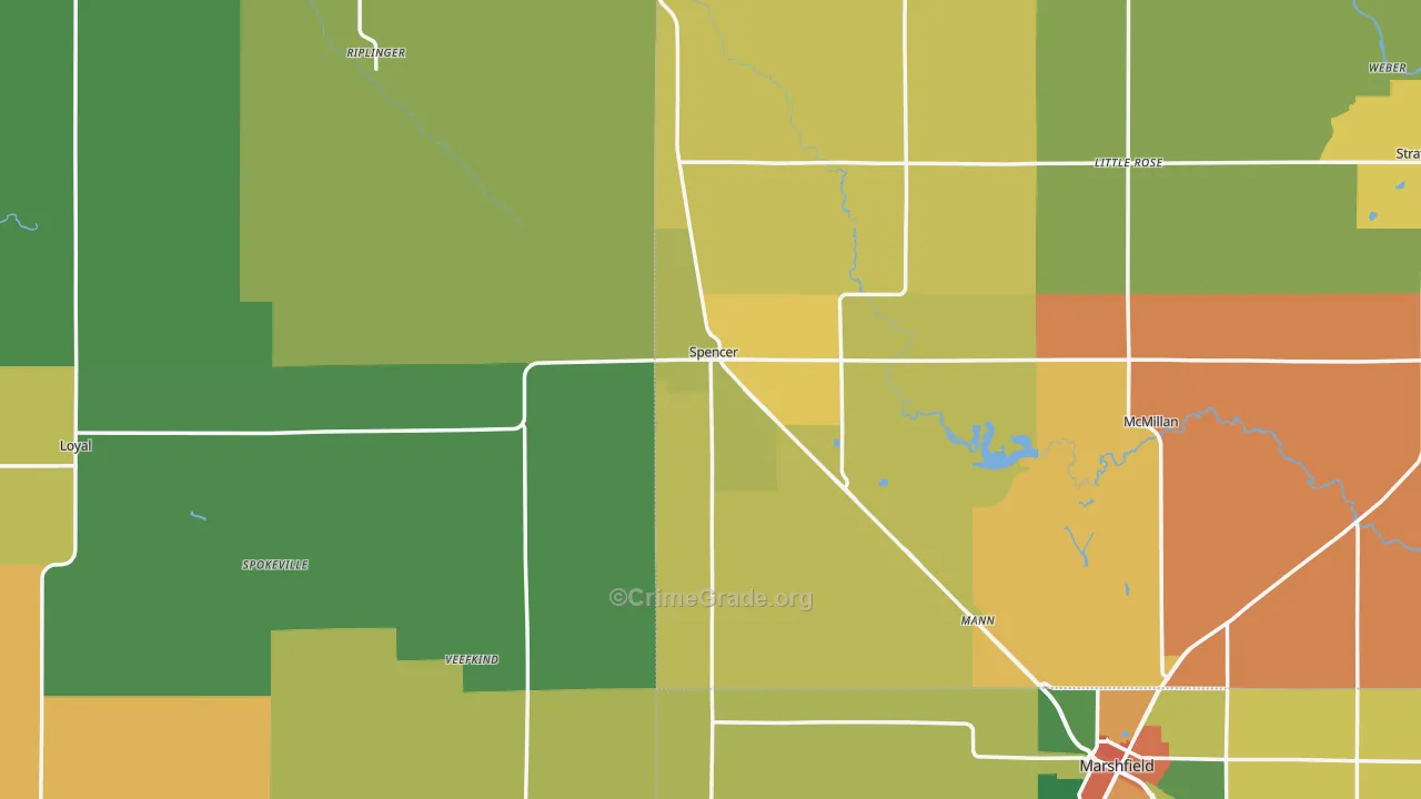 Spencer, WI Map of Burglary Rates