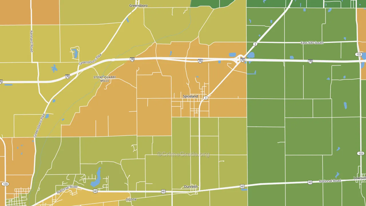 Spiceland, IN Map of Burglary Rates