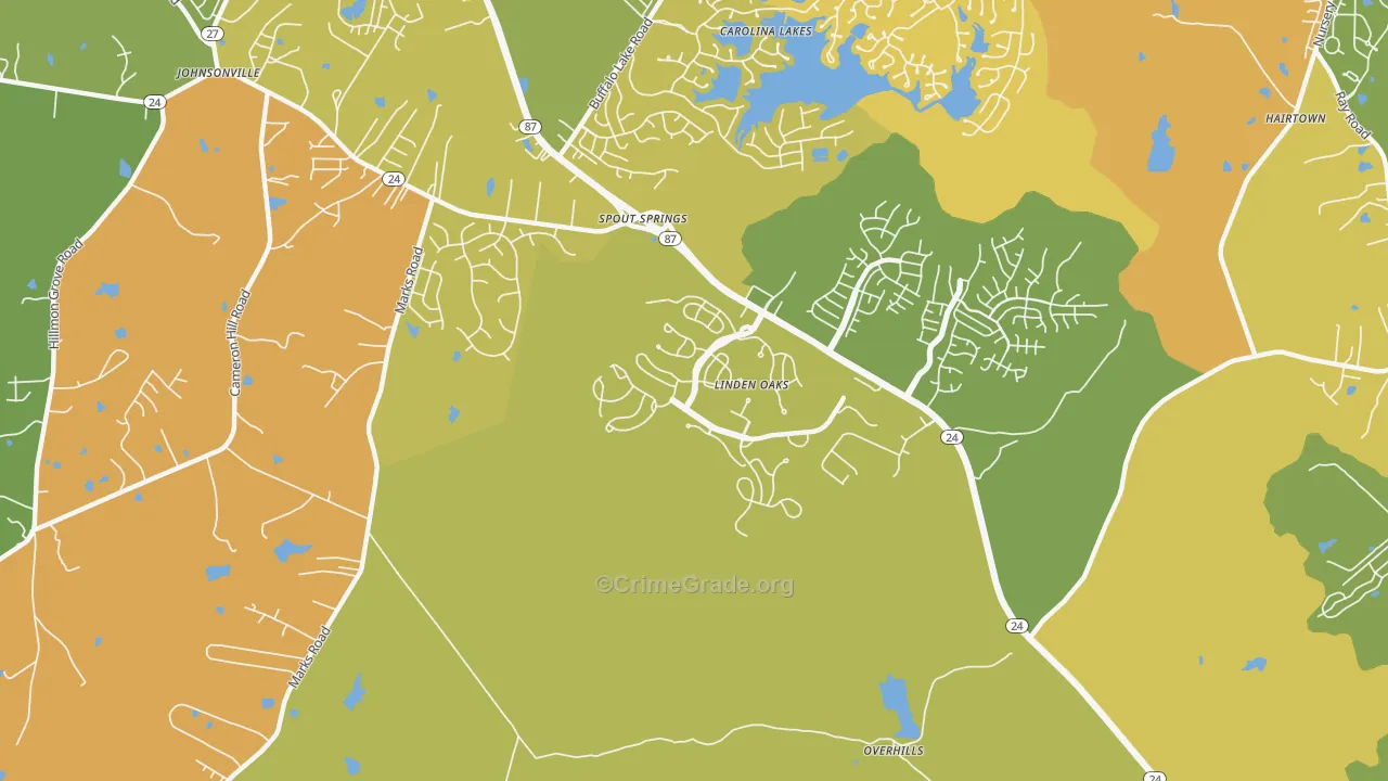Spout Springs, NC Map of Burglary Rates