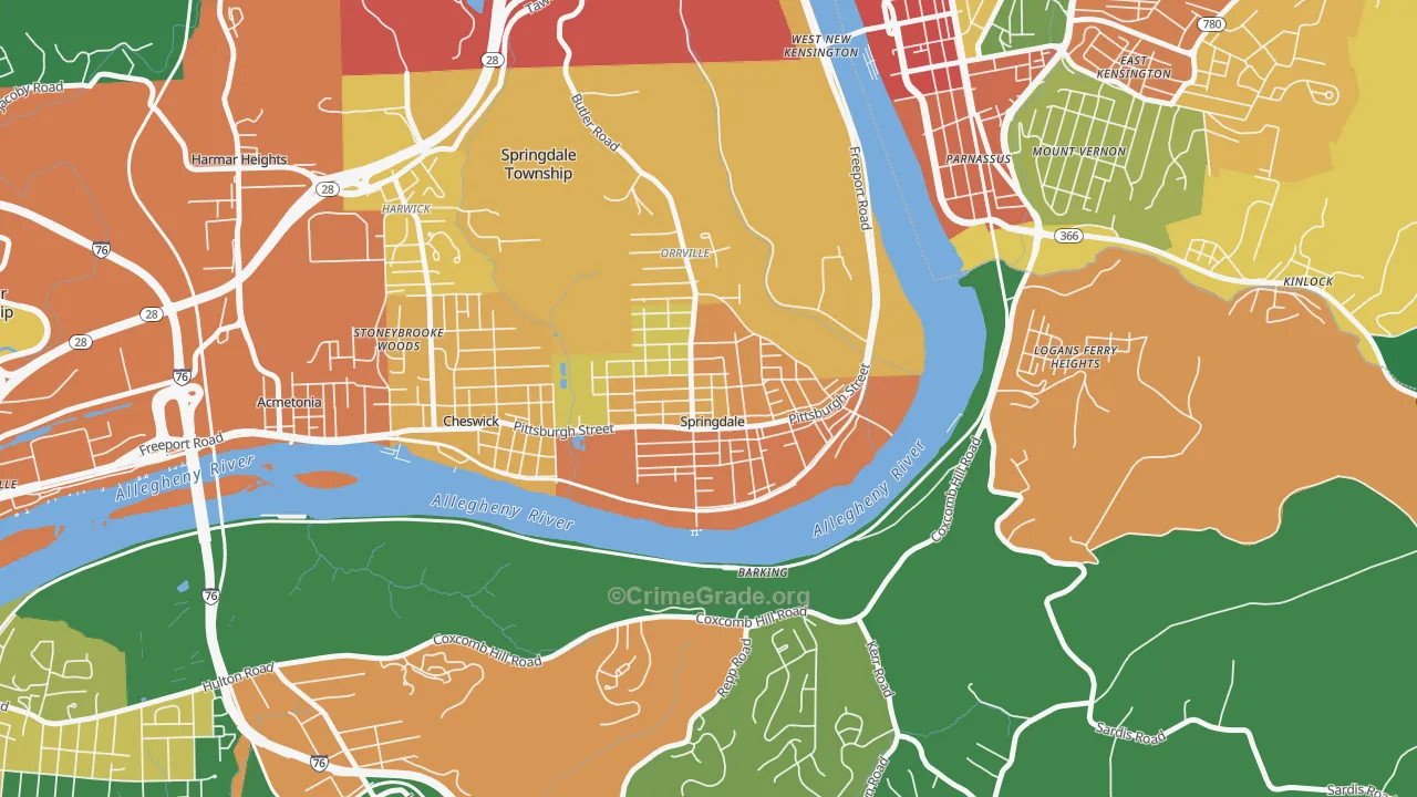 Springdale, PA Map of Burglary Rates