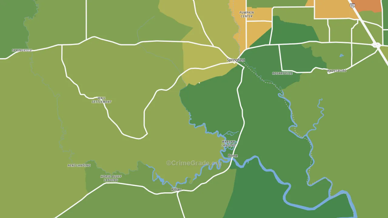 Springfield, LA Map of Burglary Rates