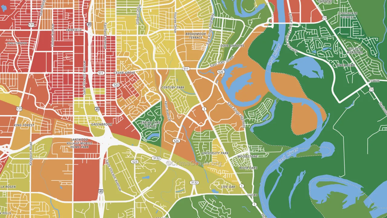 Springlake-University Terrace, Shreveport, LA Map of Burglary Rates