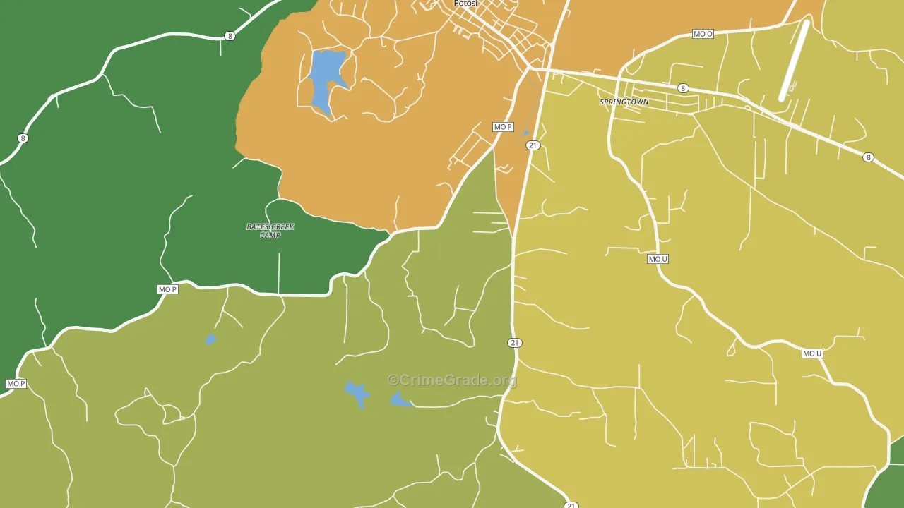 Springtown, MO Map of Burglary Rates