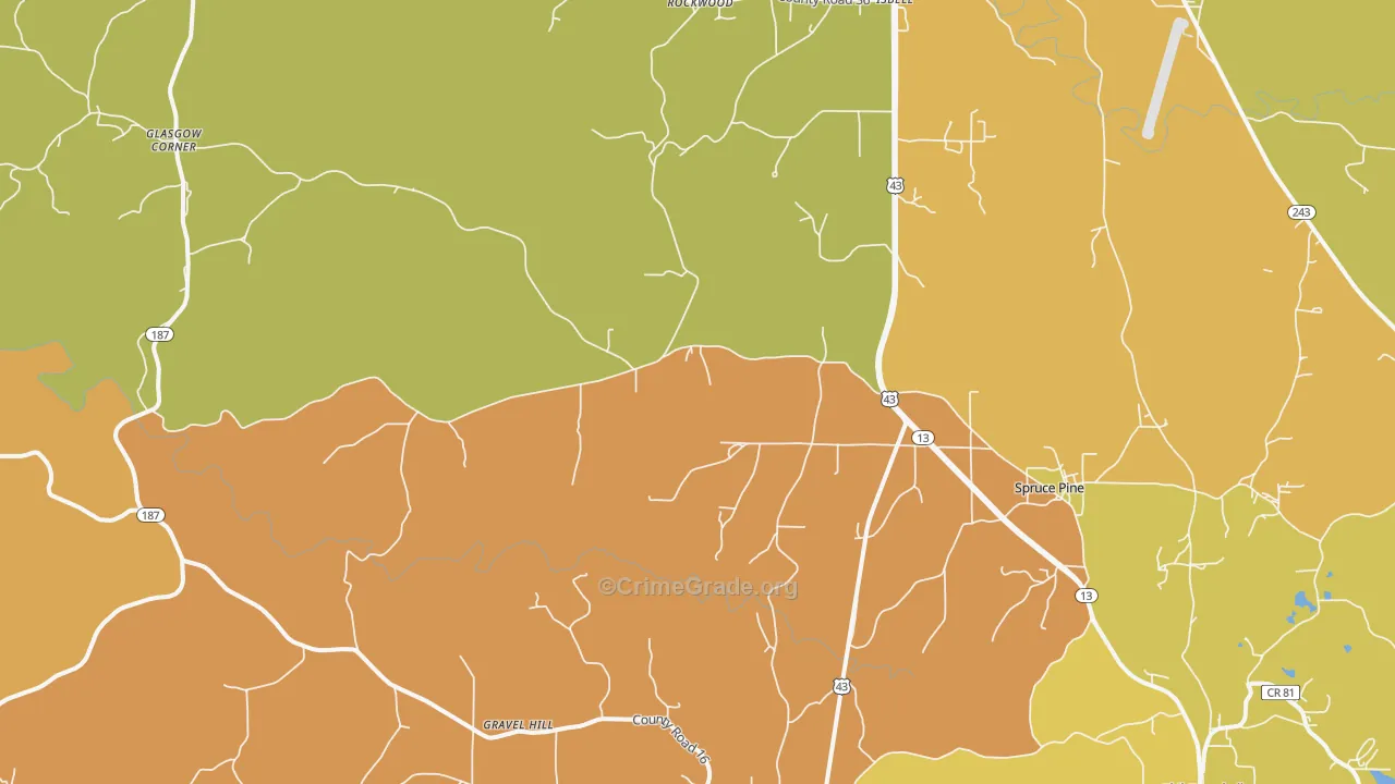 Spruce Pine, AL Map of Burglary Rates