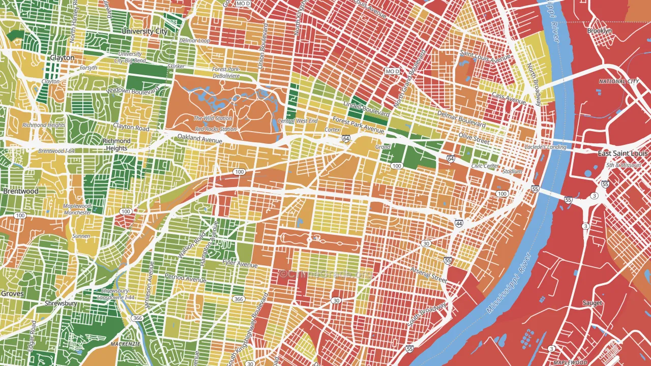 St. Louis City, MO Map of Burglary Rates