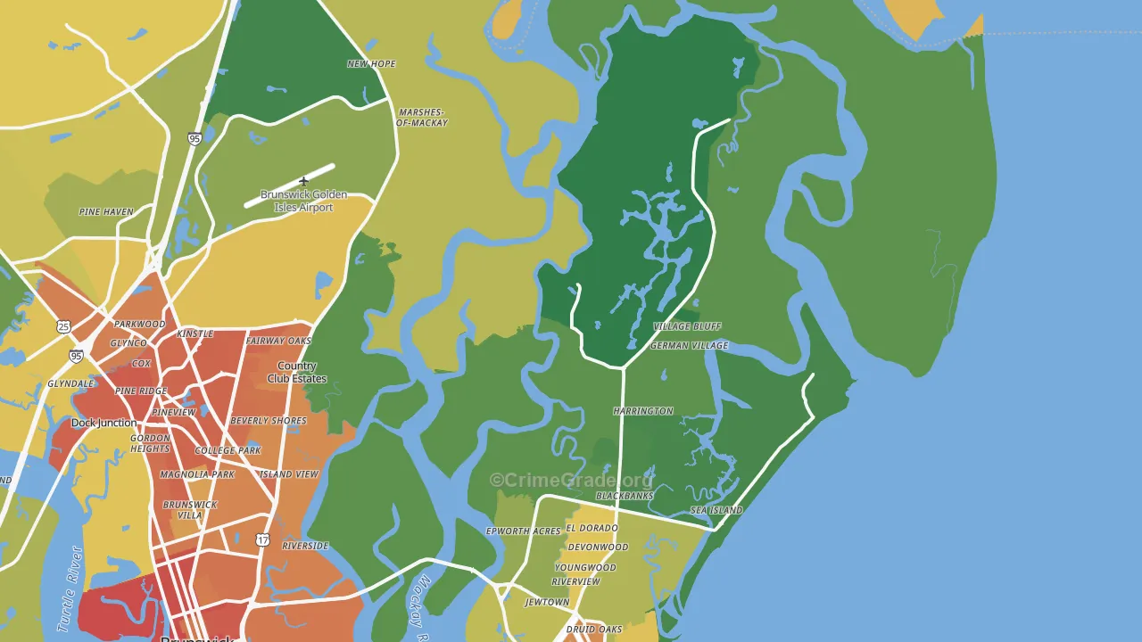 St. Simons Island, GA Map of Burglary Rates