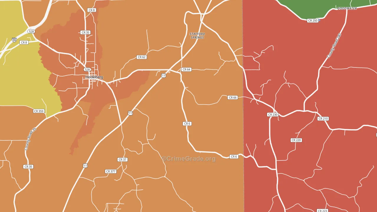 Stafford Springs, MS Map of Burglary Rates