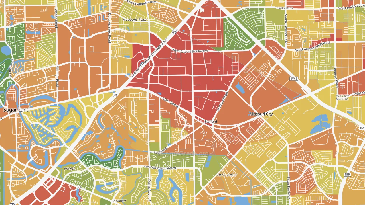 Stafford, TX Map of Burglary Rates