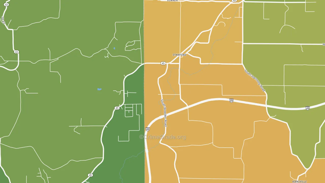 Stanford, IN Map of Burglary Rates