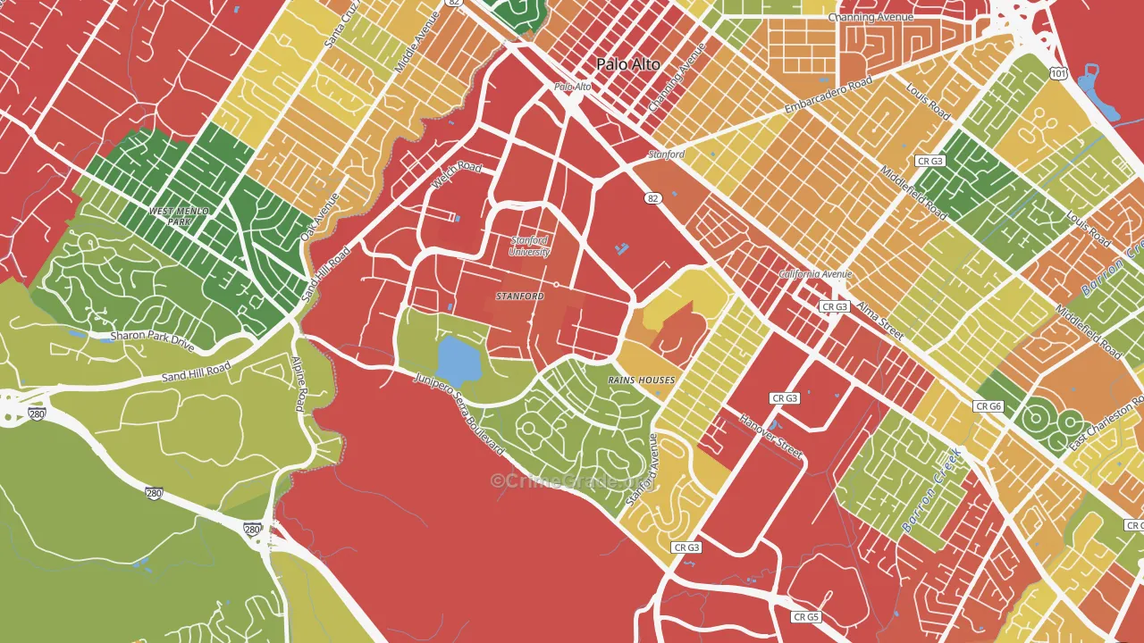 Stanford University, Stanford, CA Map of Burglary Rates