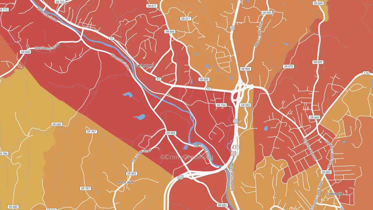 Stanleytown, VA Map of Burglary Rates