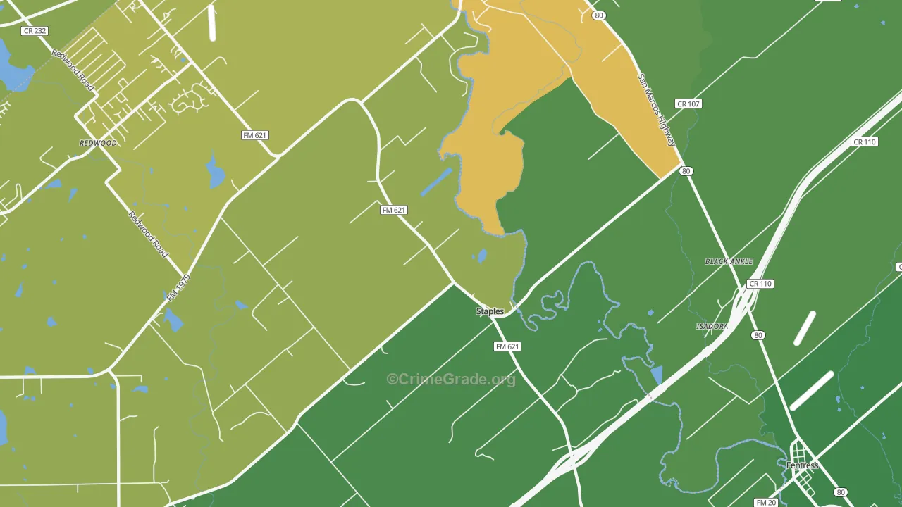 Staples, TX Map of Burglary Rates