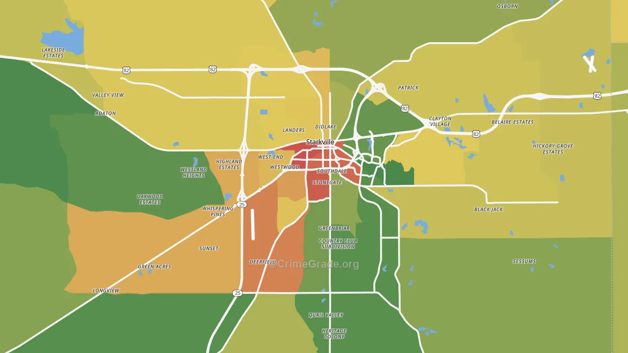 Starkville, MS Map of Burglary Rates