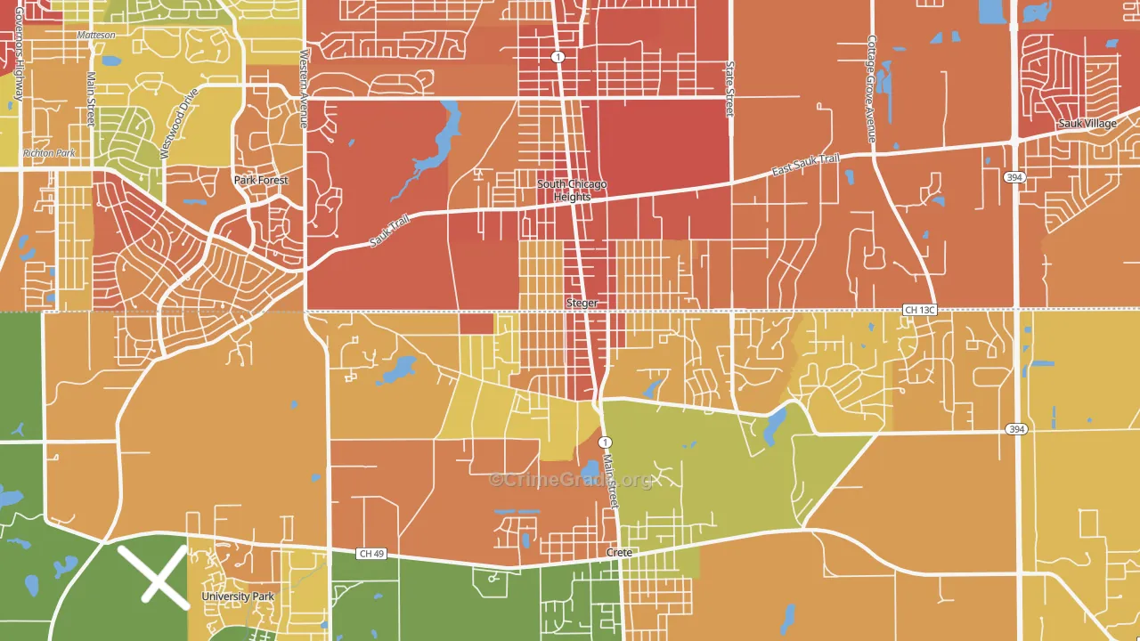 Steger, IL Map of Burglary Rates
