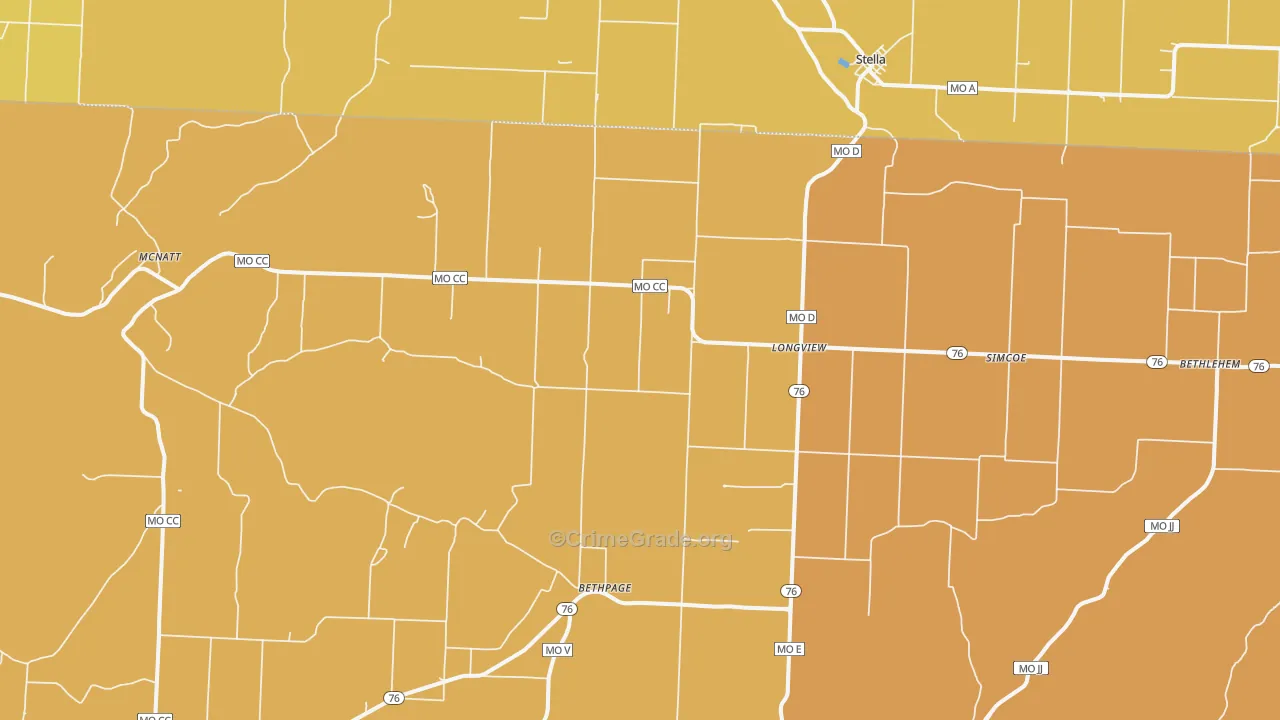 Stella, MO Map of Burglary Rates