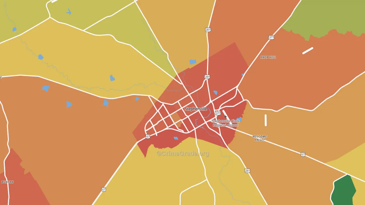 Stephenville, TX Map of Burglary Rates